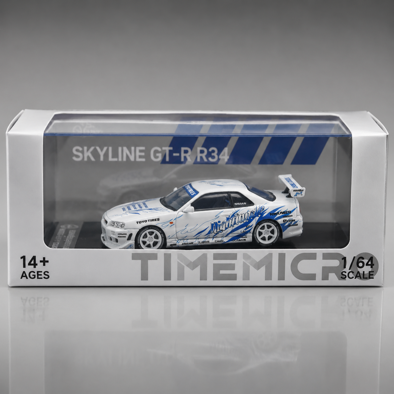 Time Micro Skyline GTR R34 Nightingale White Blue 1:64 Scale Diecast Model Car