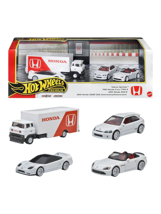 Hotwheels Premium Honda Set Sakura Sprinter , 1999 Honda Civic Type R , 2003 Honda NSX-R , 2020 Honda S2000 20th Anniversary