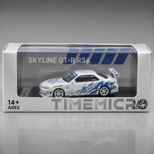 Time Micro Skyline GTR R34 Nightingale White Blue 1:64 Scale Diecast Model Car