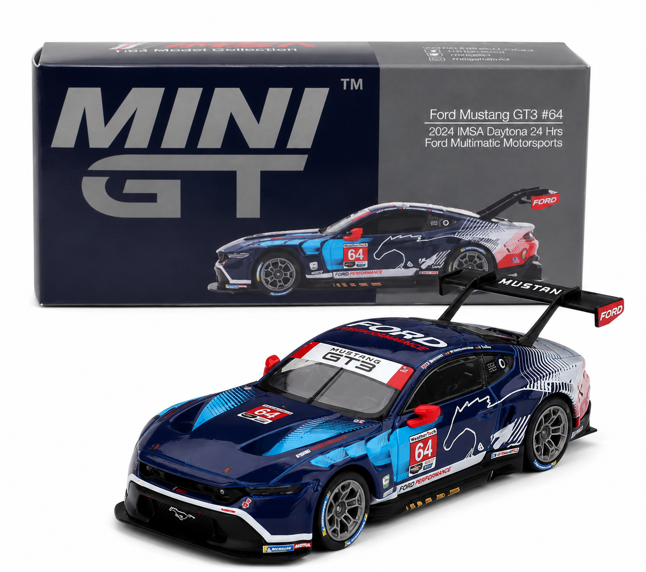 Mini GT Ford Mustang GT3 #64 Ford Multimatic Motorsports 2024 IMSA Daytona 24 Hrs #898 1:64 Scale
